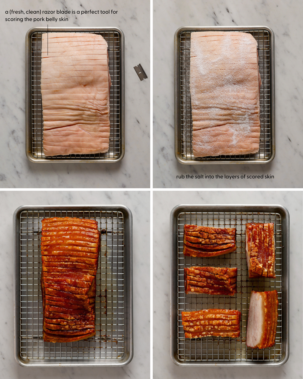 Four images showing the progression of pork belly from raw, to salted to crispy and cooked.
