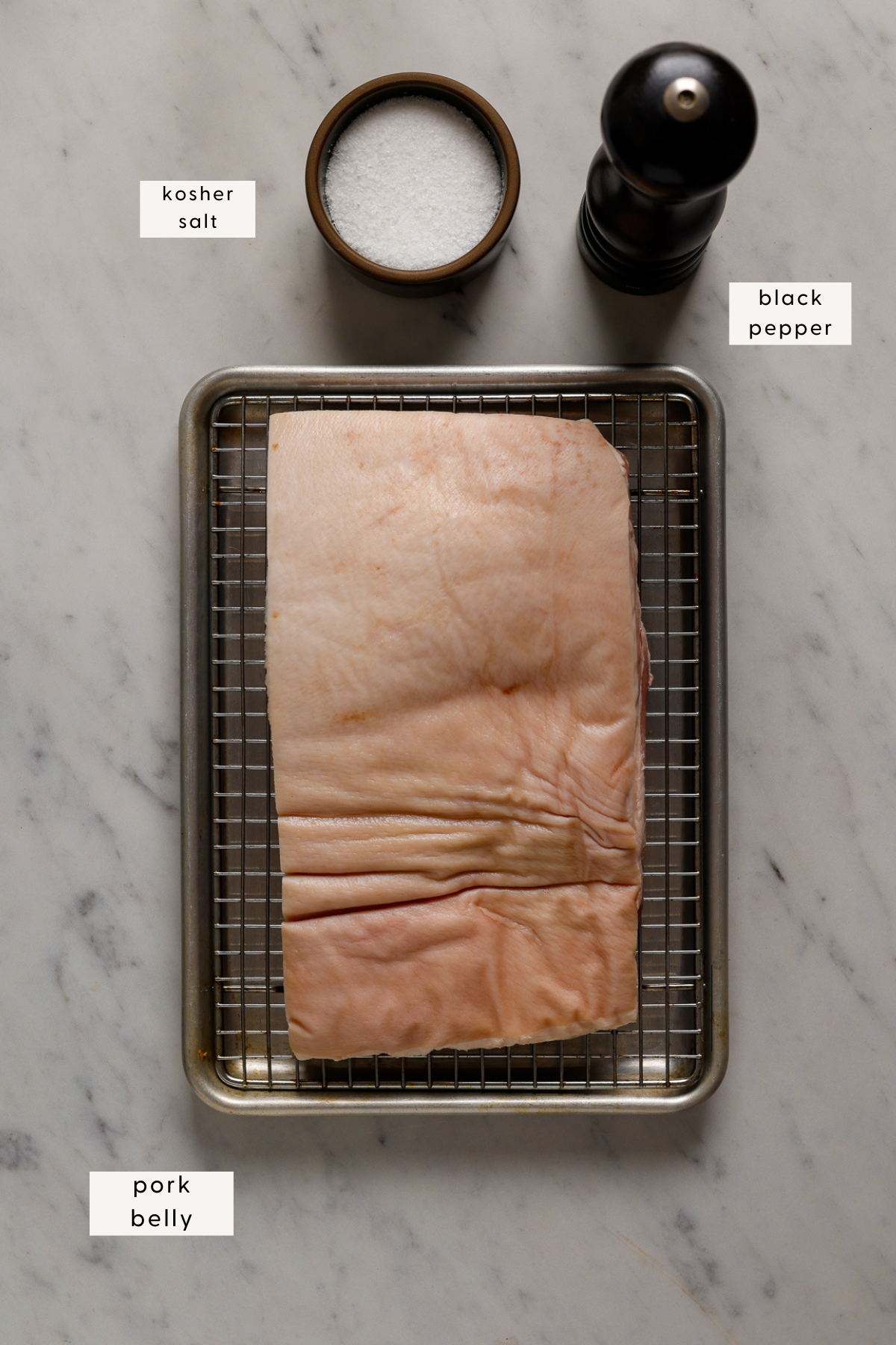 A slab of pork belly on a baking tray surrounded by salt and pepper.
