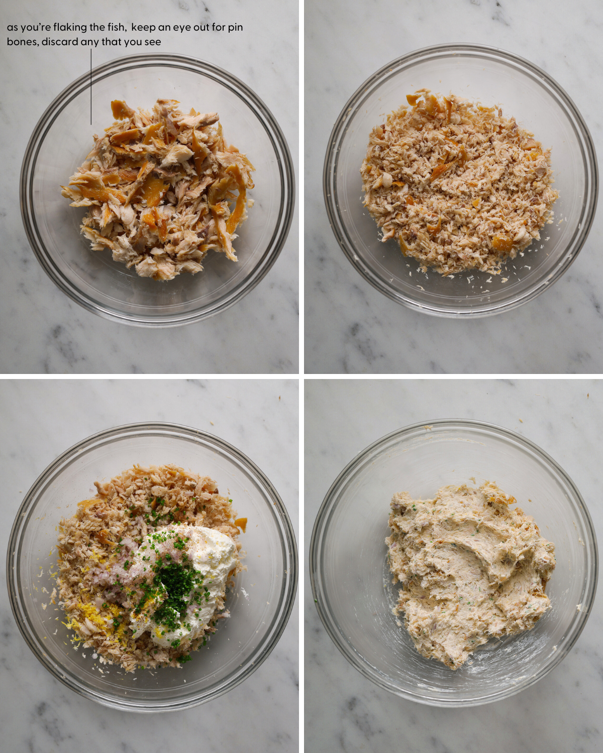 Four step by step images showing the process of making trout dip. Flaked fish in a bowl with cream cheese, chives and lemon.