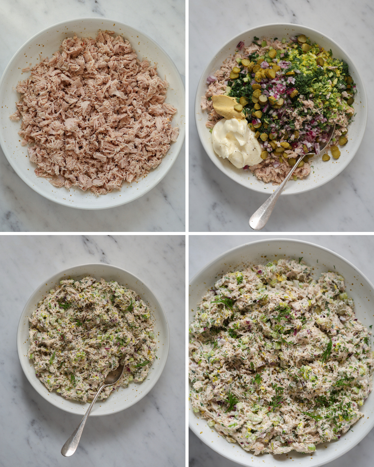 Four, progressive, step by step images of tuna salad being made in a white, ceramic bowl.