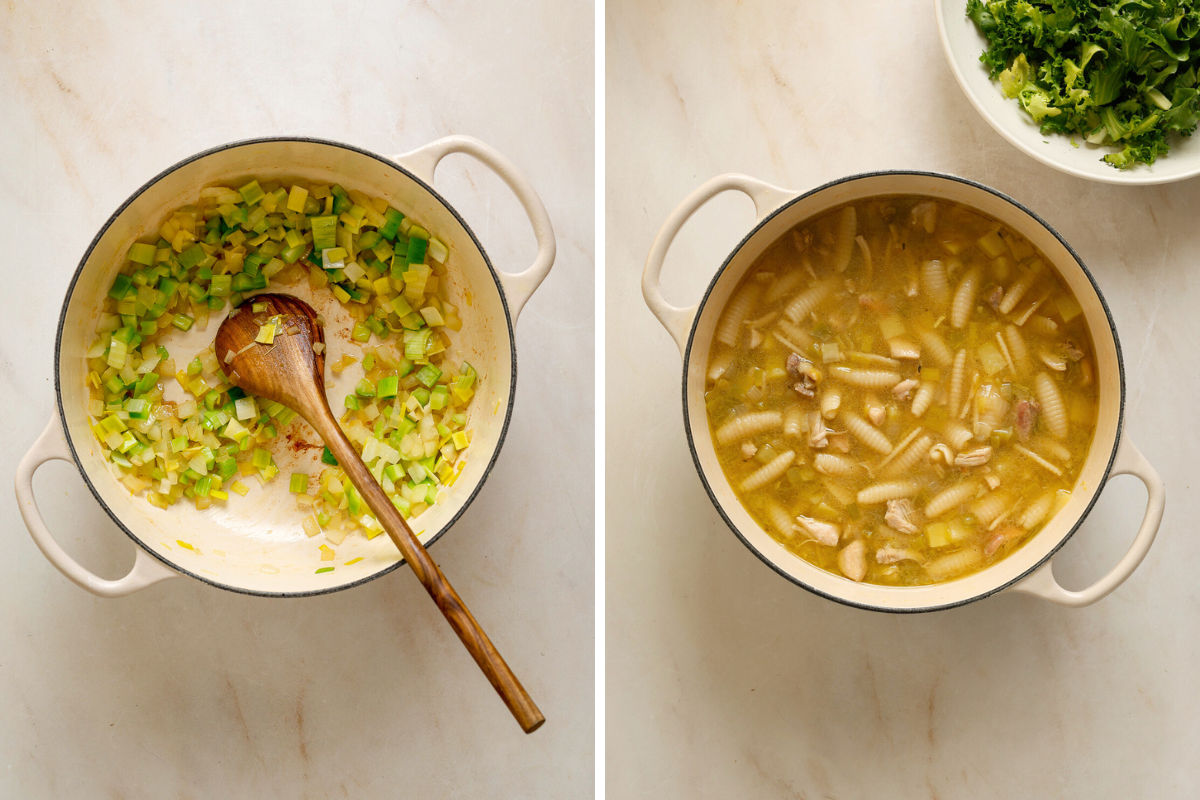 Left: diced vegetables sautéing in a pot. Right: a pot of soup with broth, pasta and chicken.